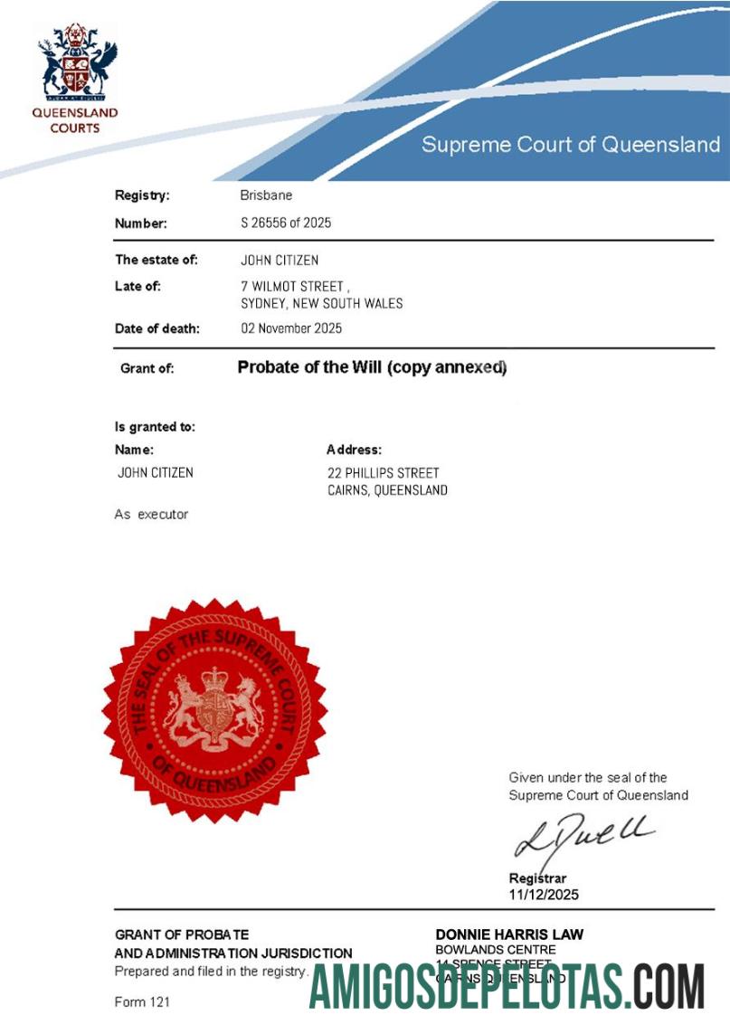 Sucessões do testamento na Austrália (Suprema Corte de Queensland) modelo